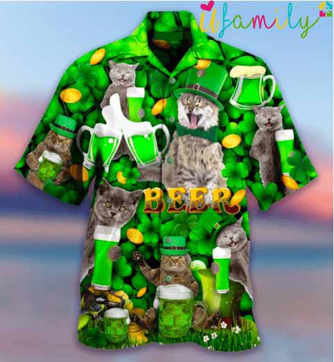 Saint Patricks Day Cat With Beer Hawaiian Shirt