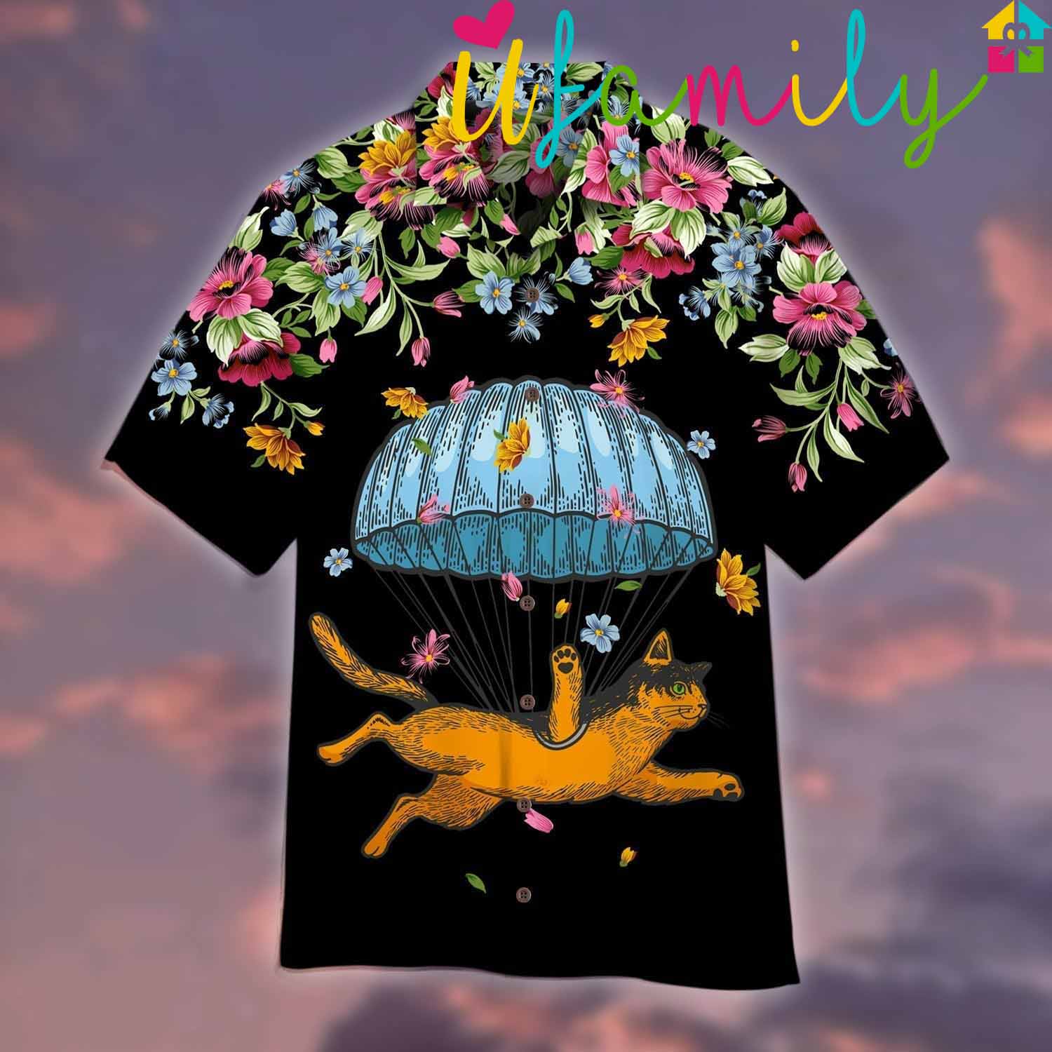 Skydiving Cat Flowers Hawaiian Shirt