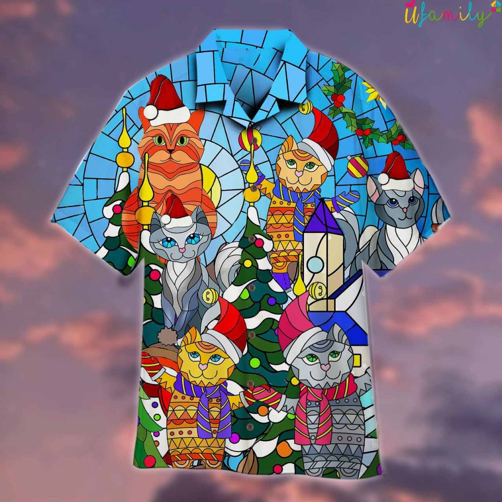 Stained Glass Cat Merry Christmas Hawaiian Shirt