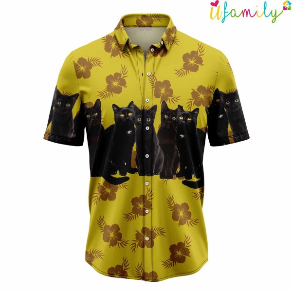 Tropical Black Cat Yellow Eyes Hawaiian Shirt,Funny Black Cat