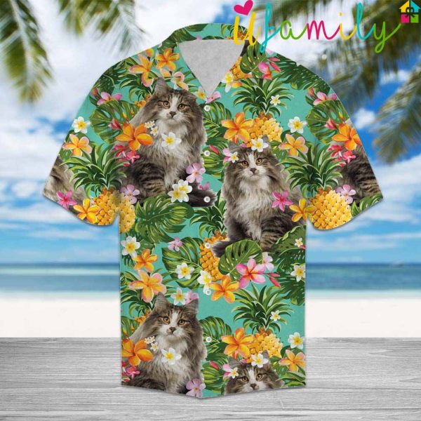 Tropical Pineapple Norwegian Forest Cat Hawaiian Shirt