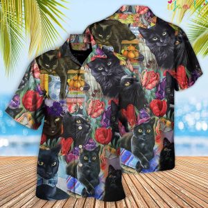 Vintage Black Cat Art With Flowers Hawaiian Shirt 1