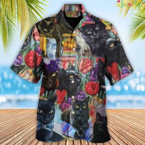 Vintage Black Cat Art With Flowers Hawaiian Shirt 2