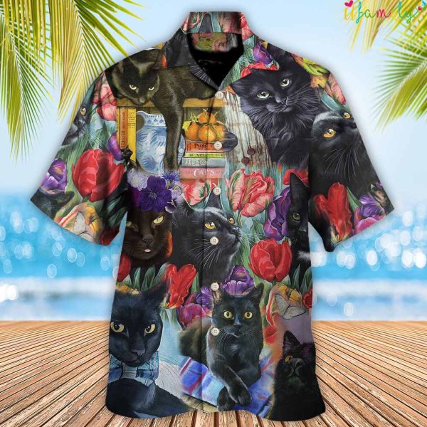 Vintage Black Cat Art With Flowers Hawaiian Shirt