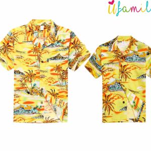 Yellow Sunset Palm Father Son Hawaiian Shirts