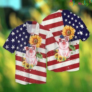 4th Of July Independence Day American Love Pig With Flower Hawaiian Shirt
