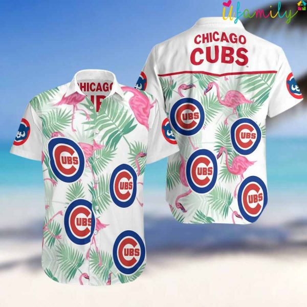 Chicago Cubs With Flamingos And Leaves White Hawaiian Shirt