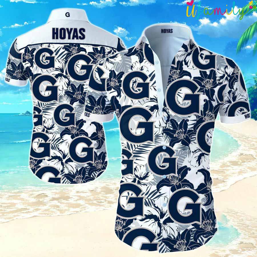 Georgetown Hoyas White And Sapphire Flowers Hawaiian Shirt