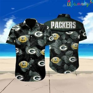 Green Bay Packers Black And White Leaves Hawaiian Shirt