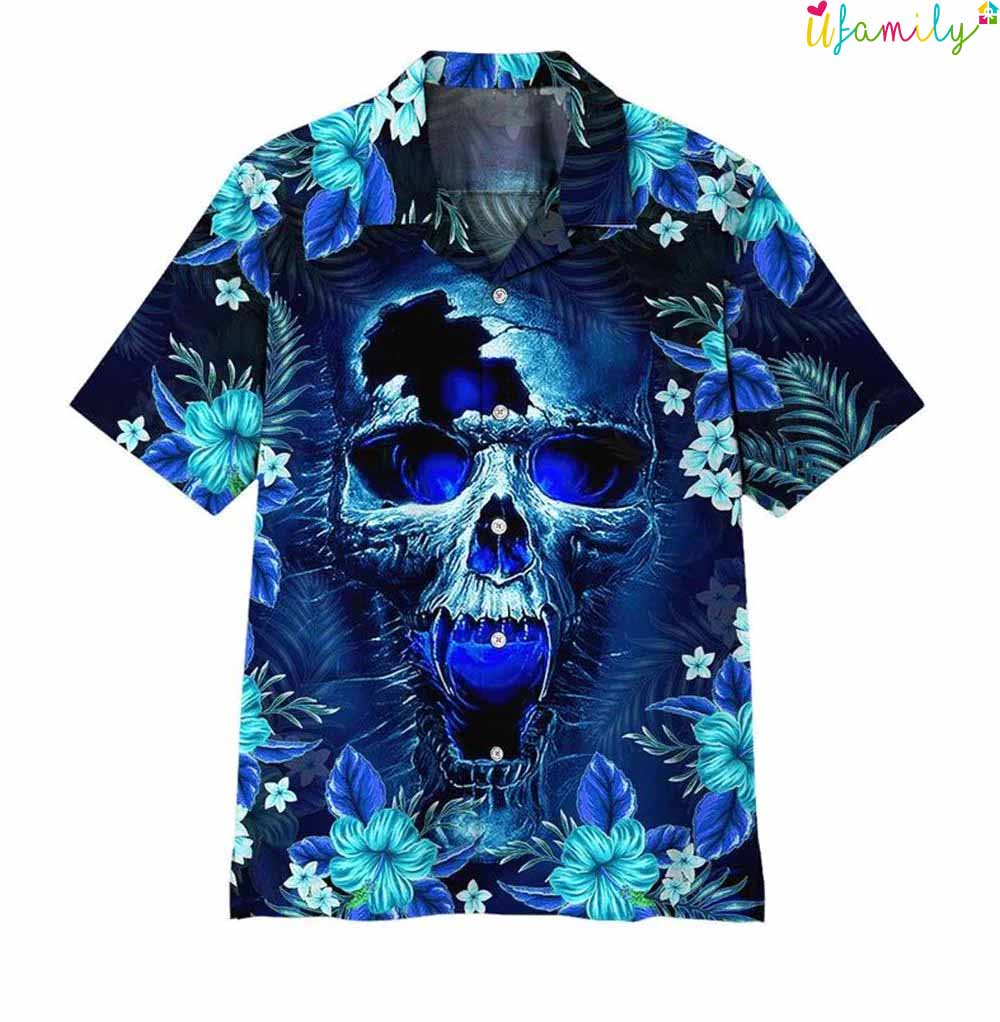 Tropical Blue Flame Skull Hawaiian Shirt