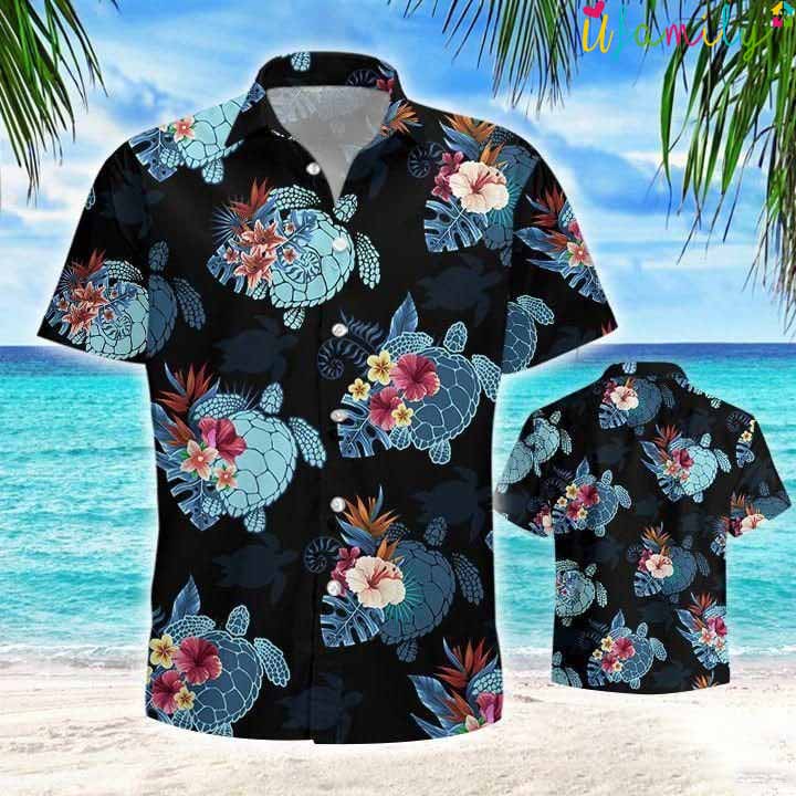 Turtle Flower Tropical Dark Hawaiian Shirt