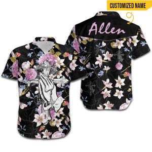 Custom Name Allen Jesus Hand Cross Floral Hawaiian Shirt
