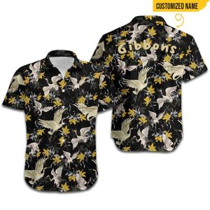 Custom Name Gibbons Crane Bird Floral Hawaiian Shirt
