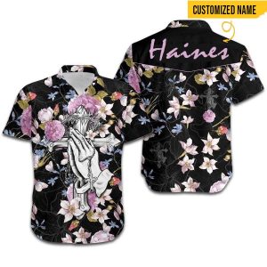 Custom Name Haines Jesus Hand Cross Floral Hawaiian Shirt