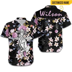 Custom Name Wilson Jesus Hand Cross Floral Hawaiian Shirt
