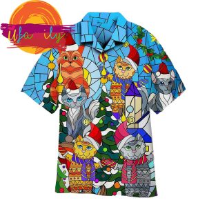 Cat Family Merry Christmas Stained Glass Hawaii Mens Shirt