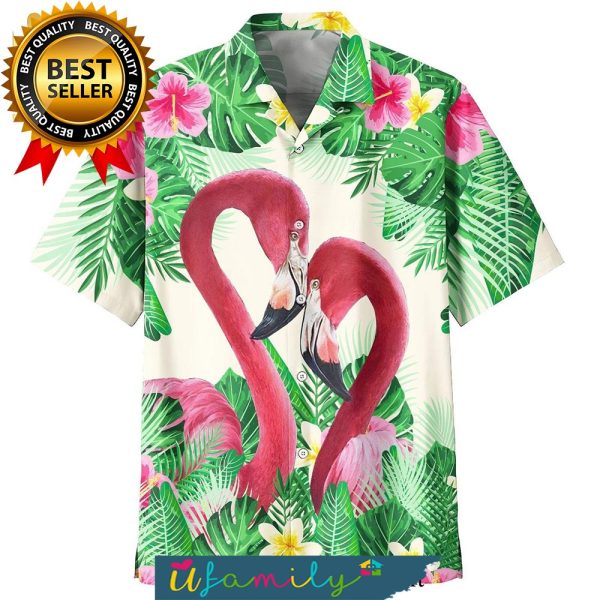 Loving Flamingo Couple Tropical Hibiscus And Leaf High Fashion Full Printing Men Hawaiian Shirt