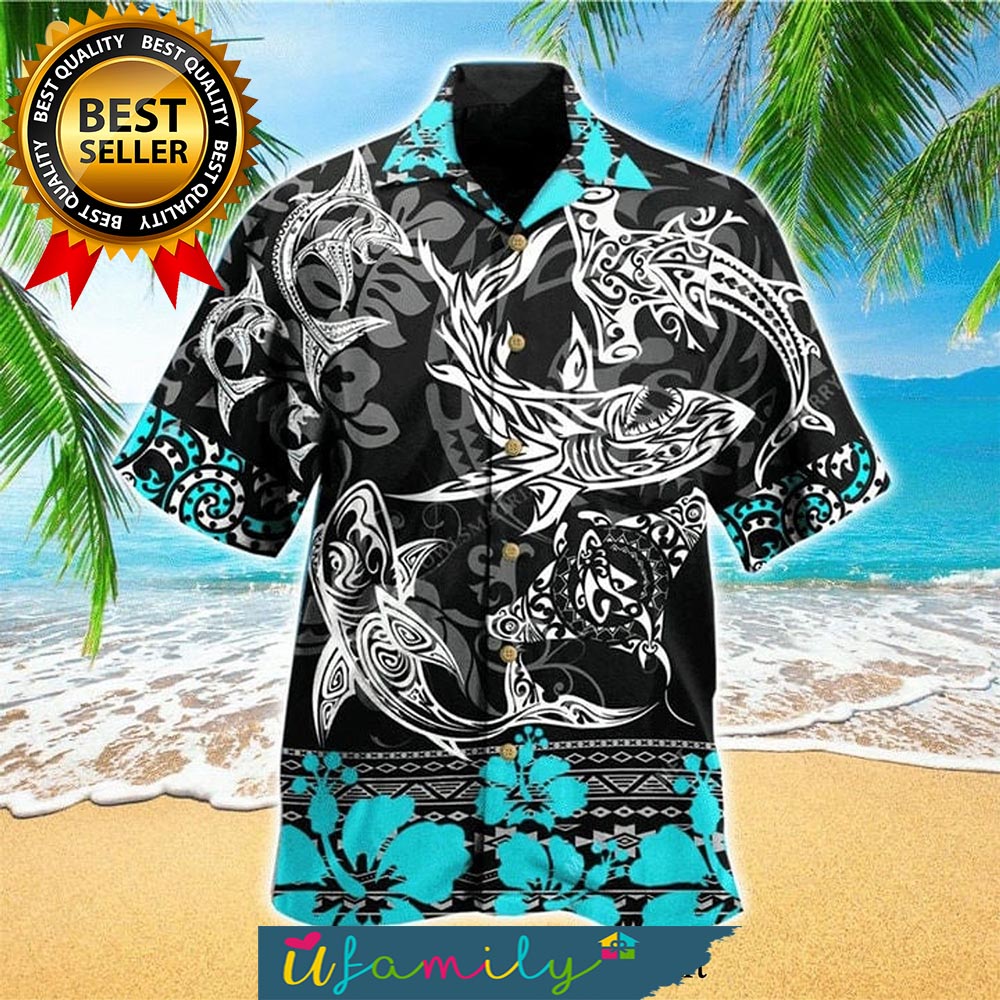 Mandala Shark Hibiscus All Over Print Men Hawaiian Shirt