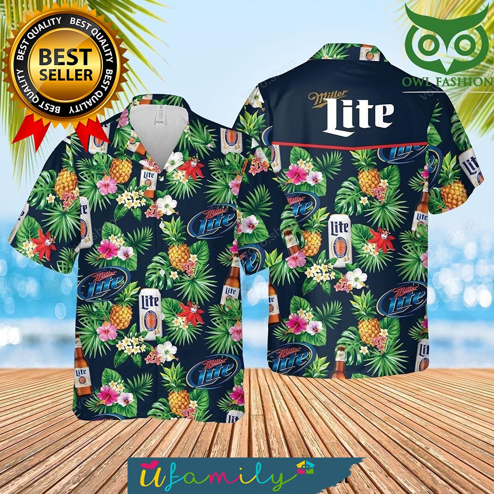 Miller Lite Beer Tropical Flower Holiday Time Hawaii Shirts Men