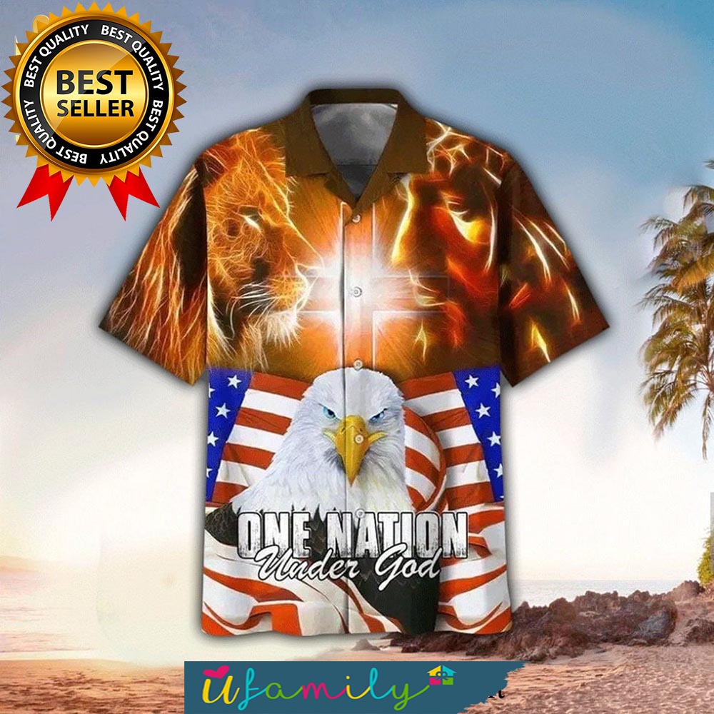 One Nation Under God Lion Eagle Jesus For Summer Hawaiian Shirt For Men