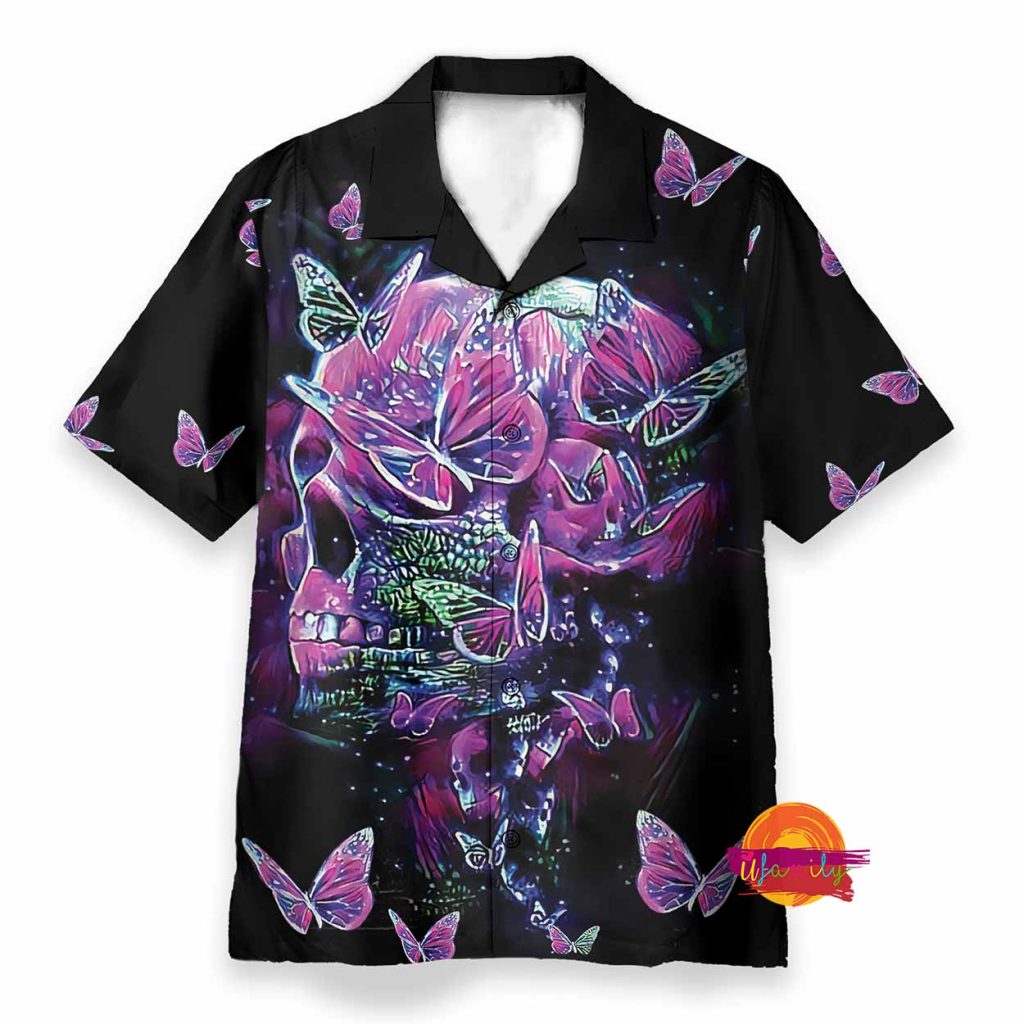 Color Splash Skull And Butterfly Purple Hawaiian Shirt