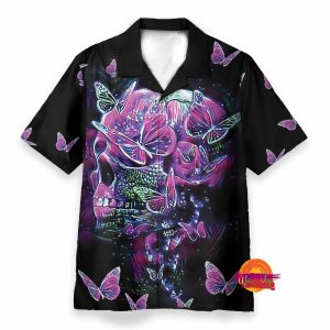 Color Splash Skull And Butterfly Purple Ao so mi Hawaiian Shirt 1