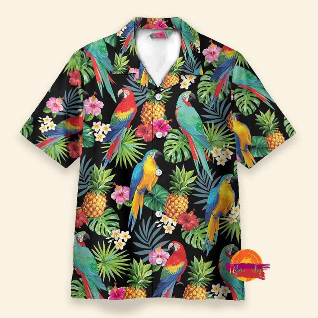 Parrots Pineapples Hibiscus Tropical Leaves Pattern Hawaiian Shirt