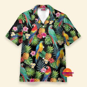 Parrots Pineapples Hibiscus Tropical Leaves Pattern Hawaiian Shirt 1