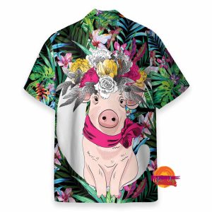 Pig With Flower Hair Wreath Tropical Pattern Hawaiian Shirt 1