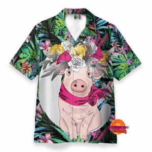 Pig With Flower Hair Wreath Tropical Pattern Hawaiian Shirt