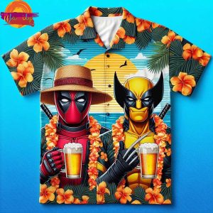 Two People Drinking Beer Deadpool And Wolverine Hawaiian Shirt