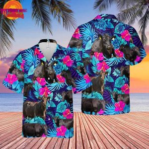 Black Angus Blue Neon Tropical Cattle Hawaii Shirt