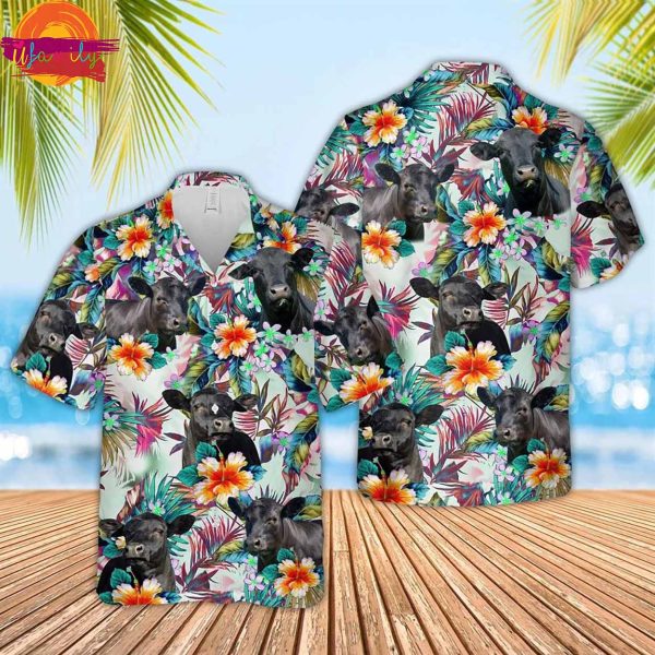 Black Angus Colorful Leaf Pattern Cow Hawaiian Shirt