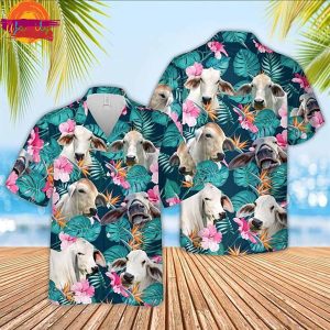 Brahman Cattle Palm Leaves Pattern Hawaiian Shirt