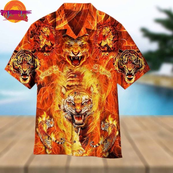 Tiger Playing With Fire Flame Pattern Aloha 3D Hawaiian Shirt