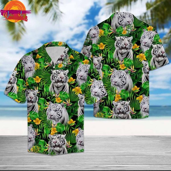 White Tiger Tropical Wild Flower Hawaiian Shirt Style