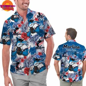 Custom Miami Marlins Tropical Floral America Flag Hawaiian Shirt Style 2