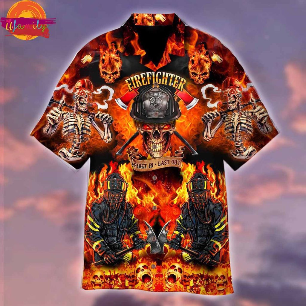 Fire Skeleton Firefighter Halloween Hawaiian Shirt Style