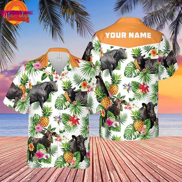 Personalized Name Black Angus Cattle Pineapple Hawaiian Shirt