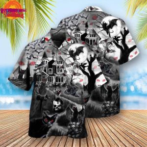 Black Cat Flying Horror Night Halloween Hawaiian Shirt Style