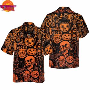 Halloween Frankenstein Pumpkin Skeleton Art Print Hawaiian Shirt