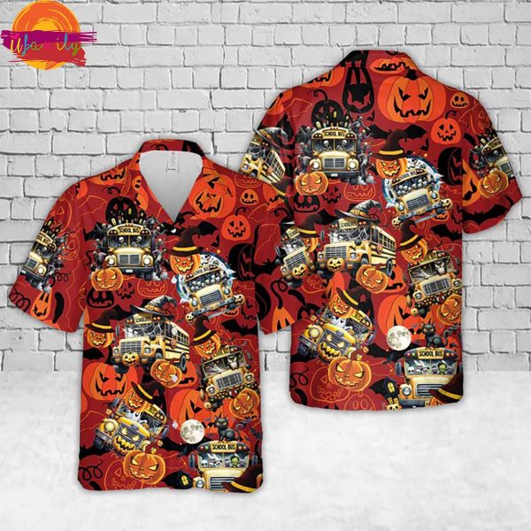 Halloween School Bus Hawaiian Shirt Style