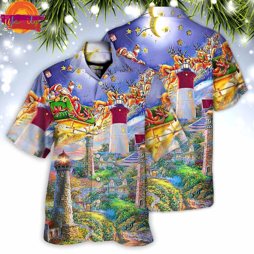 Lighthouse Christmas Santa Home The Light Is Hawaiian Shirt Style