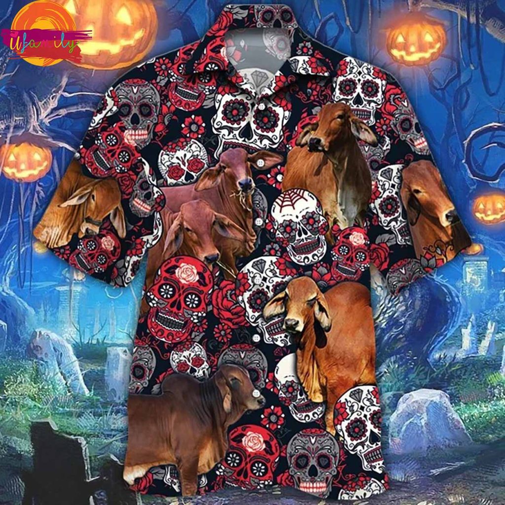 Red Brahman Cattle Lover Sugar Skull Floral Hawaiian Shirt Style