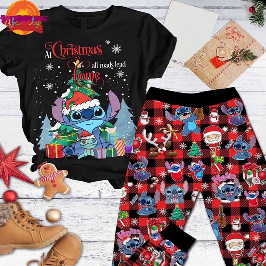 At Christmas All Roads Lead Home Stitch T Shirt Pajama Set