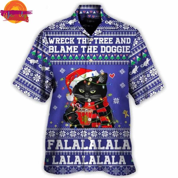 Black Cat Wreck The Tree Christmas Hawaiian Shirt Style