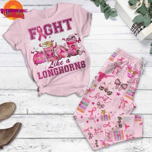 Breast Cancer Awareness Fight Like a Longhorn T Shirt Pajama Set 1