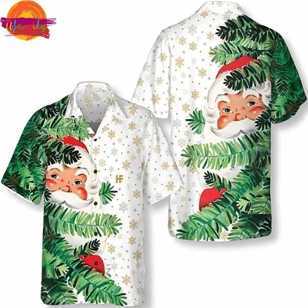 Hi Santa Behind Christmas Tree Hawaiian Shirt Style