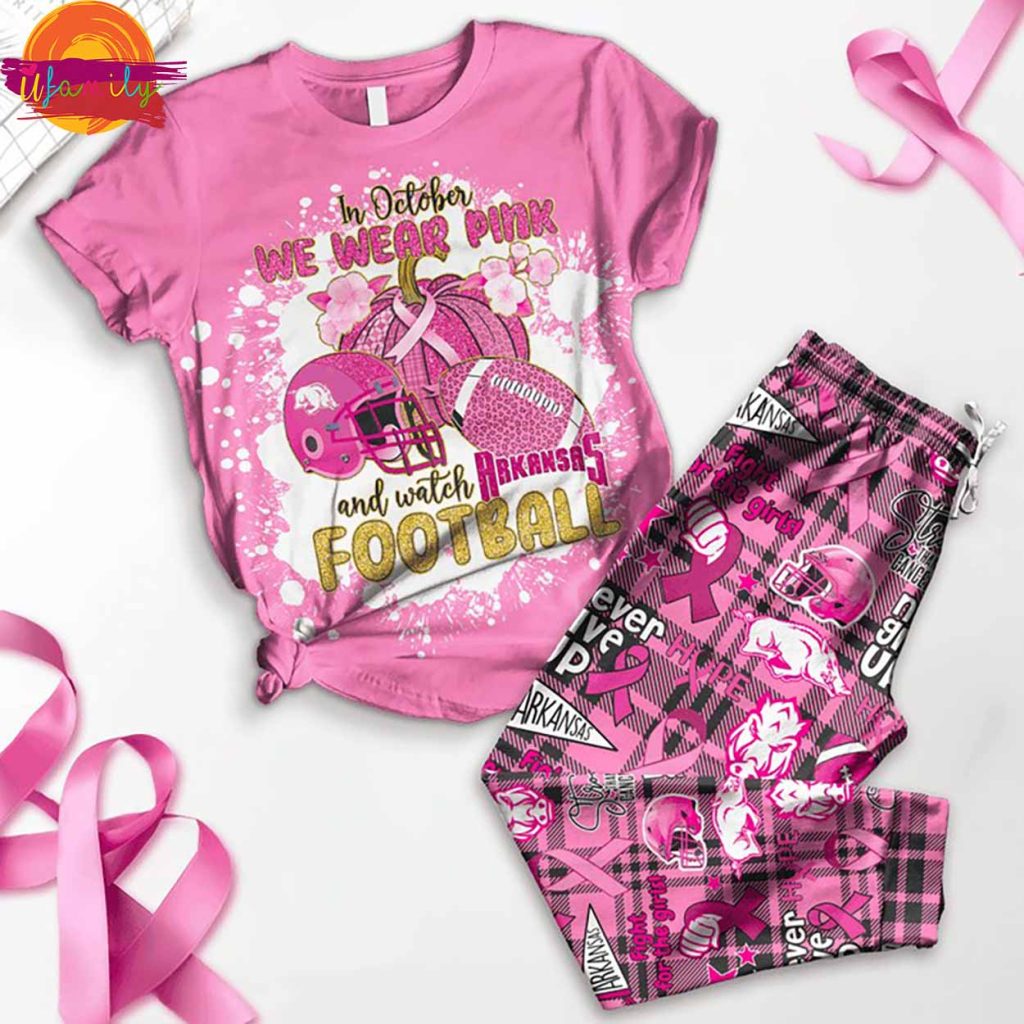 In October We Wear Pink And Watch Football Arkansas Razorbacks T Shirt Pajama Set