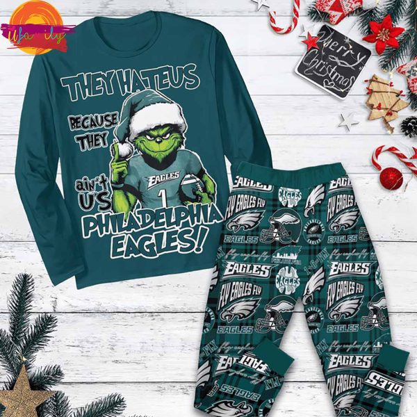 Philadelphia Eagles Grinch They Hate Us Christmas Long Sleeve Pajama Set